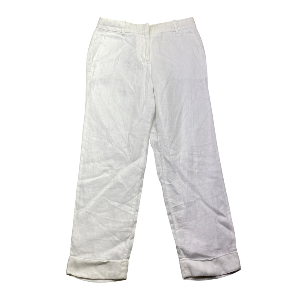 J.Crew Rhodes White Linen Straight Leg Cuffed Trousers Herringbone Sz 0 Fits 27"